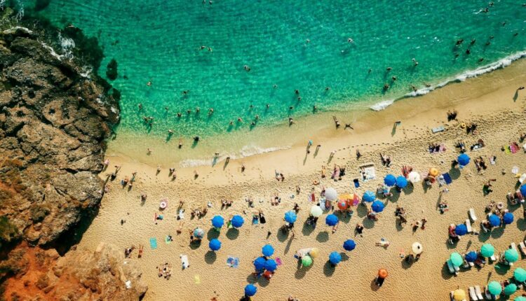 aerial view photography of people on seashore during daytime